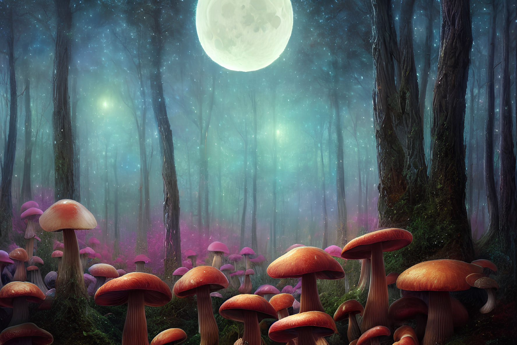 Enchanted Night Forest Scene with Red Mushrooms and Full Moon