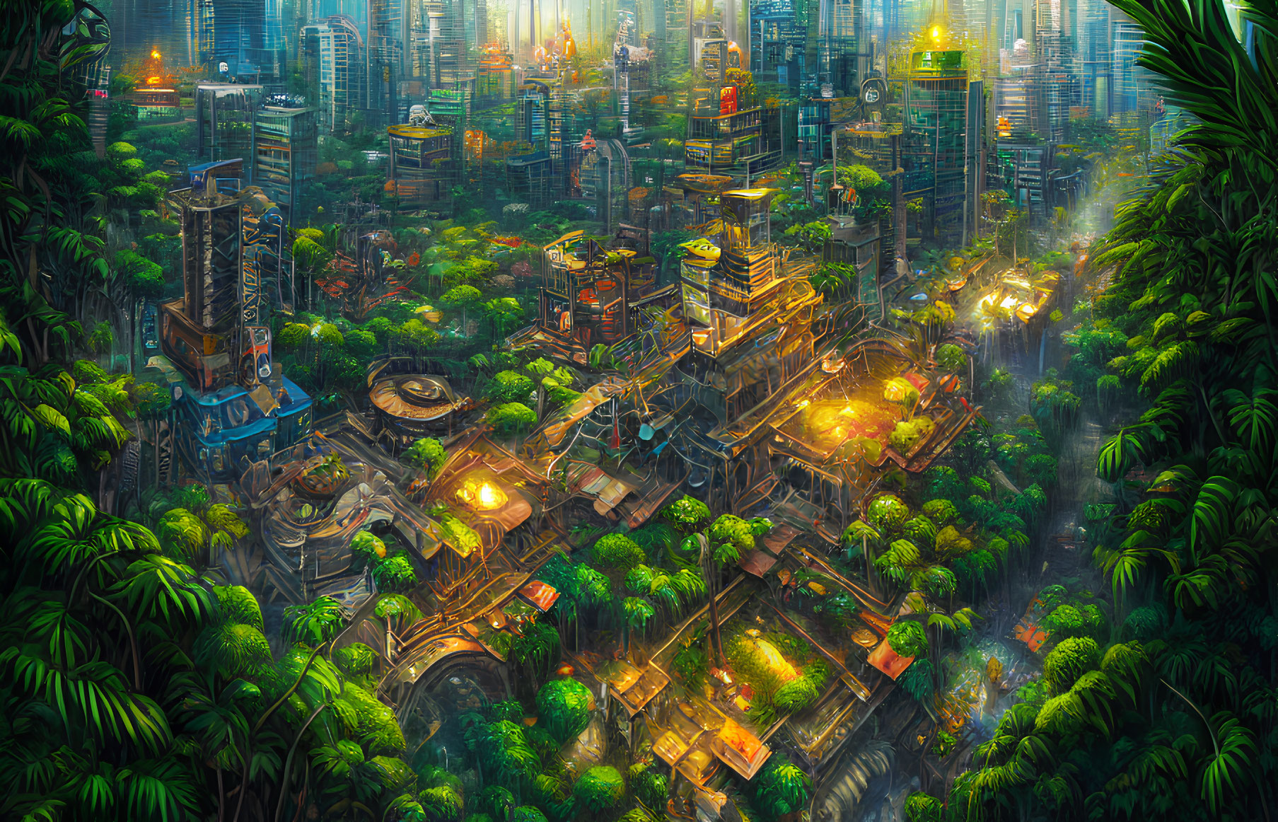 Advanced cityscape harmonizing with lush greenery and towering structures in golden light.