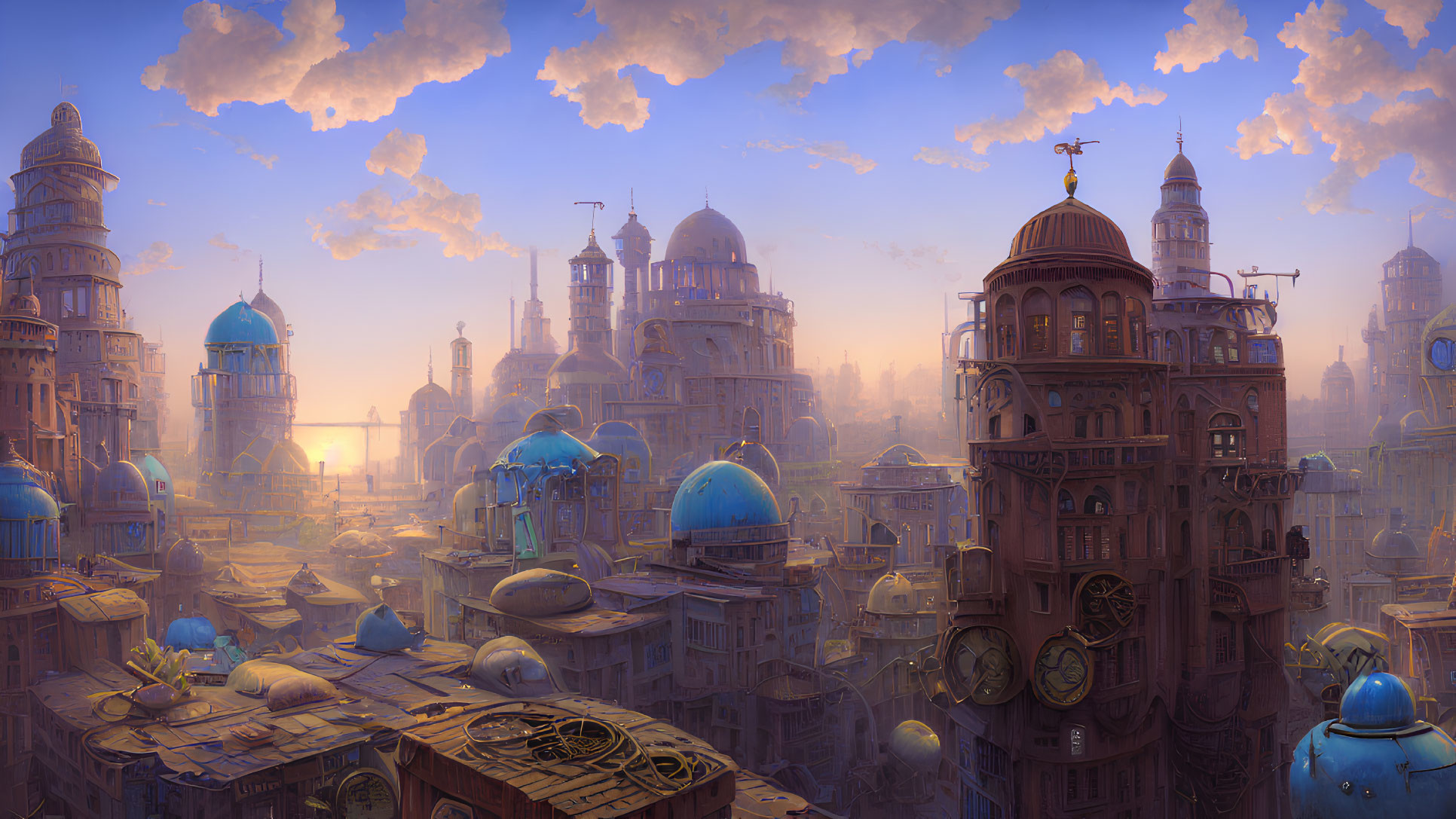 Fantastical cityscape with domed buildings and towers at sunset