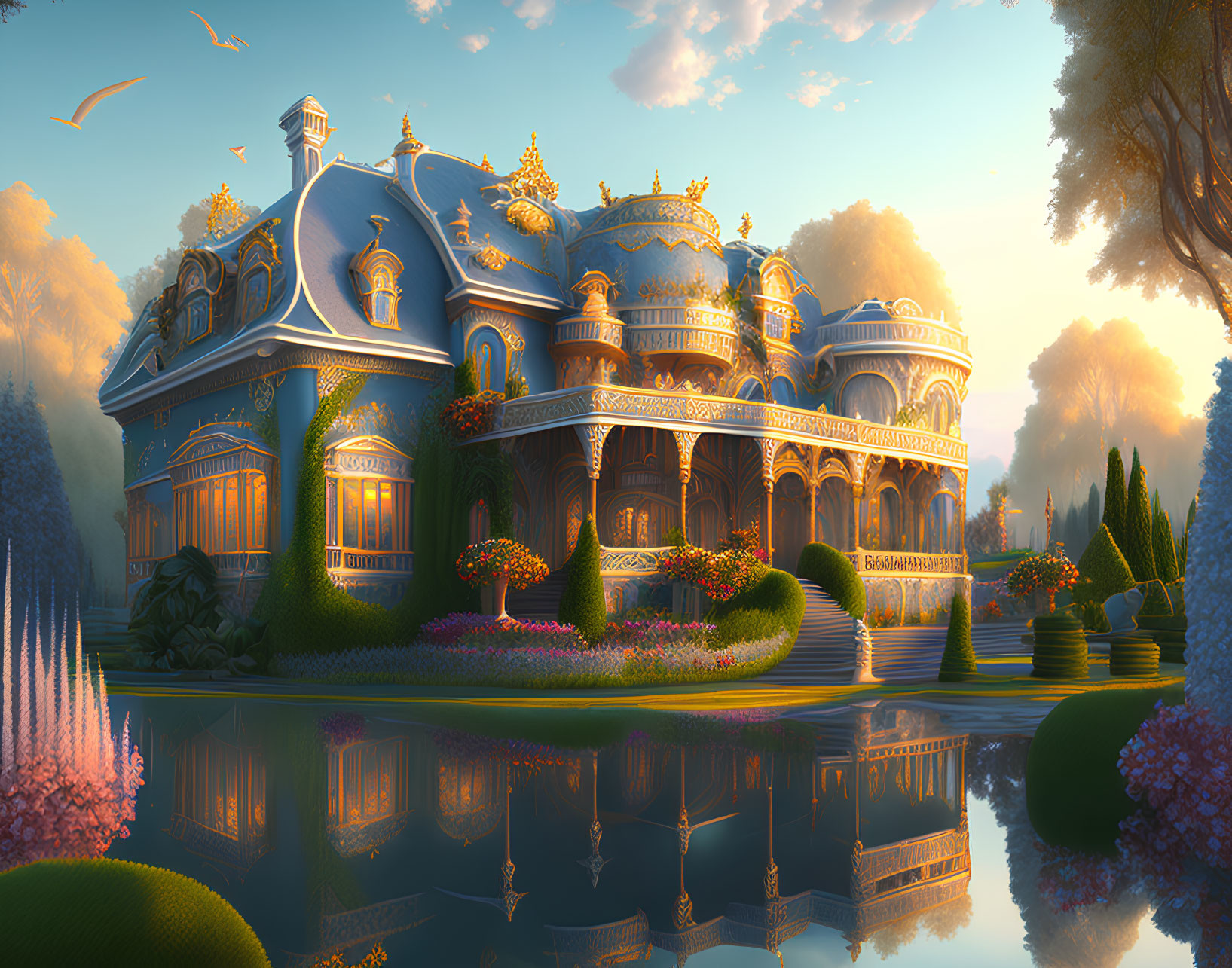 Ornate blue and gold mansion by tranquil pool at sunset