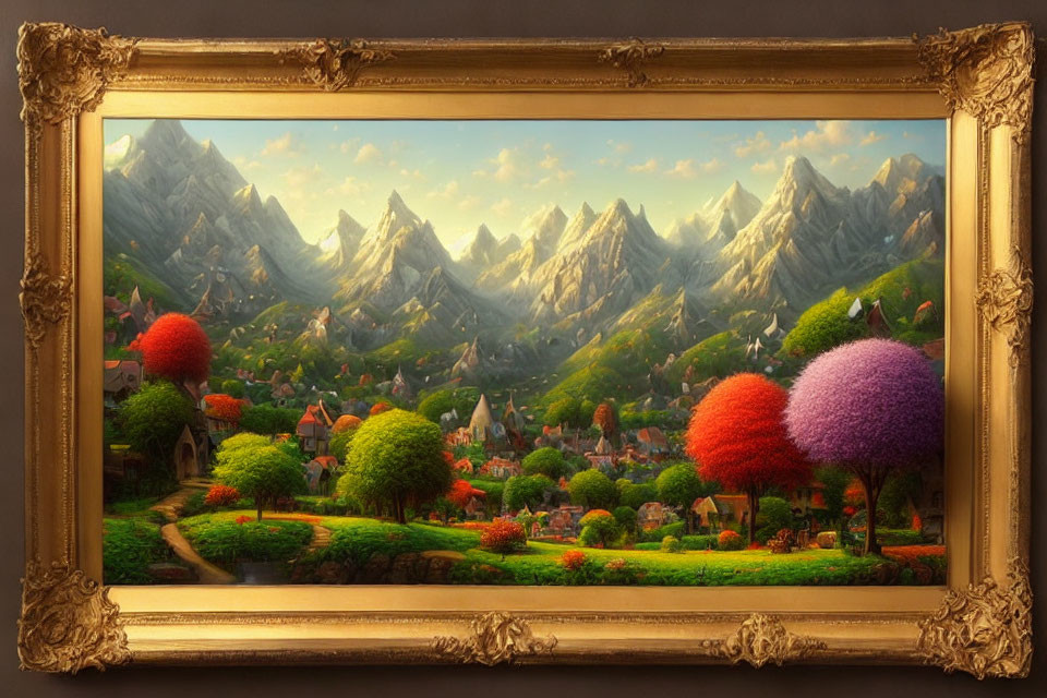 Scenic village painting with colorful trees and mountains