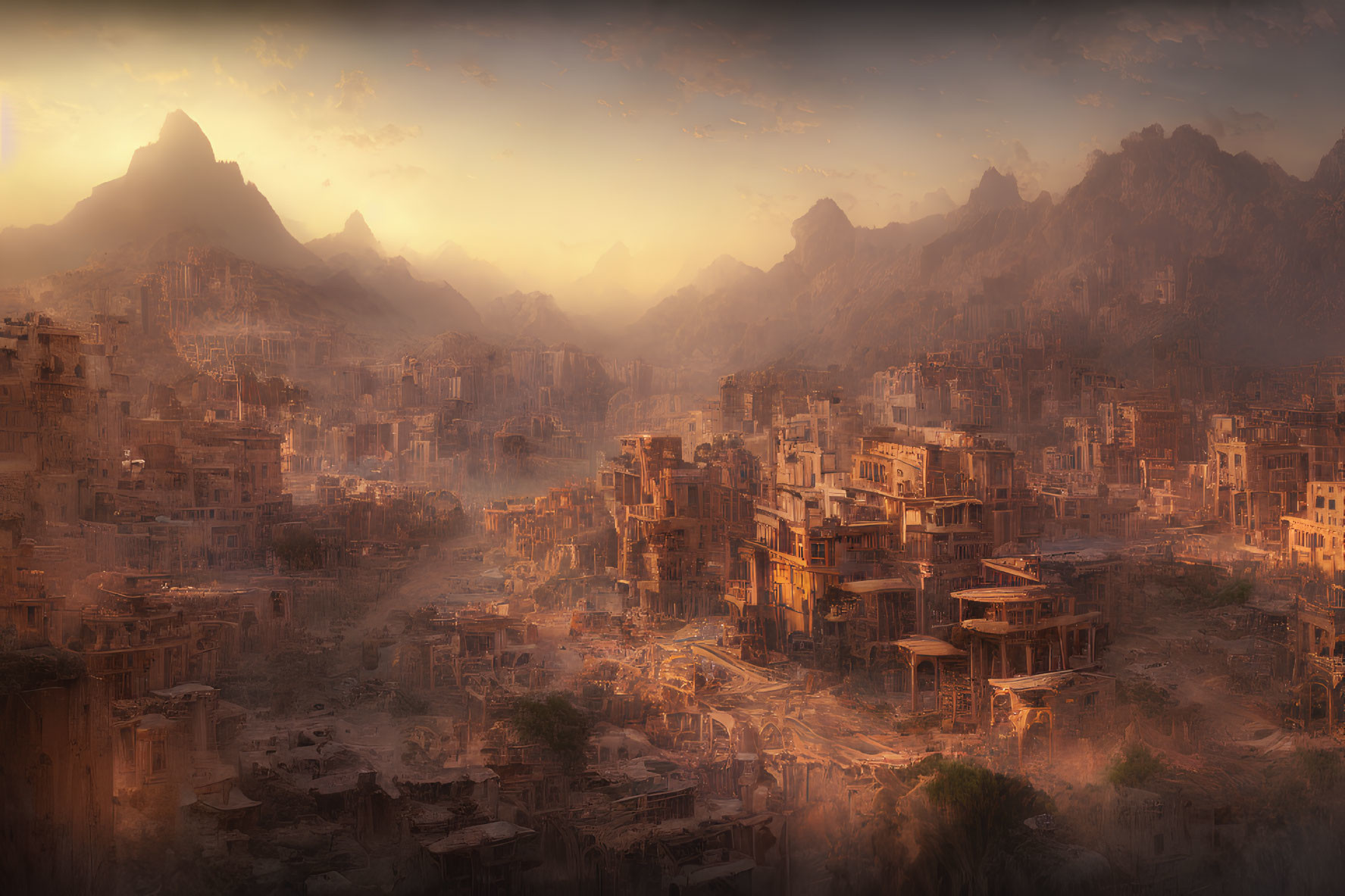 Ancient city ruins against majestic mountains at sunset