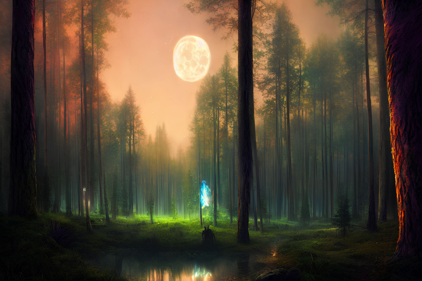 Enchanted forest at night with ethereal figure near pond