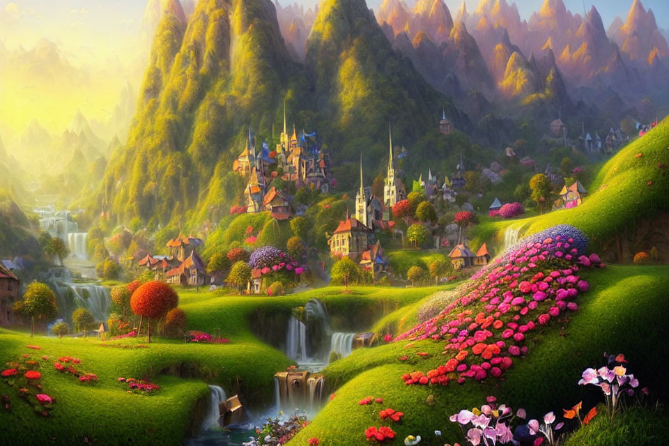 Colorful Fantasy Valley with Waterfalls and Whimsical Village