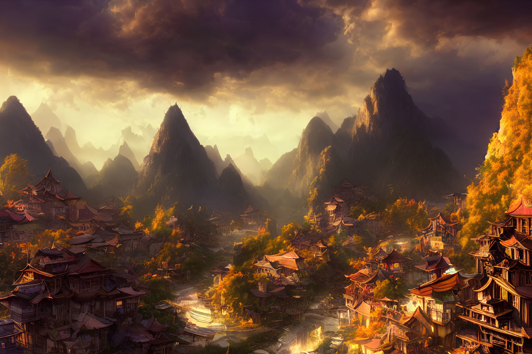 Traditional houses in misty mountain village at sunset