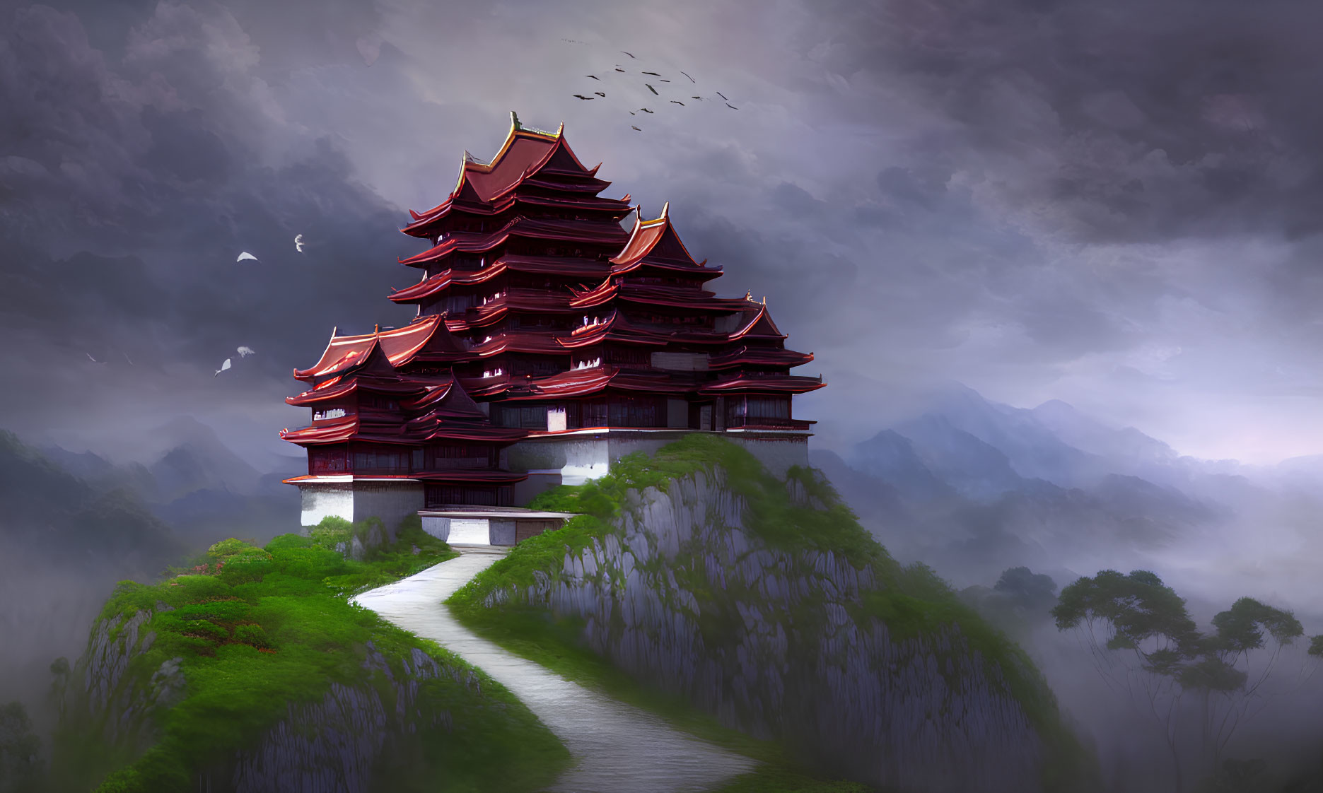 Majestic multi-tiered pagoda on steep cliff with mist-covered mountains and birds.