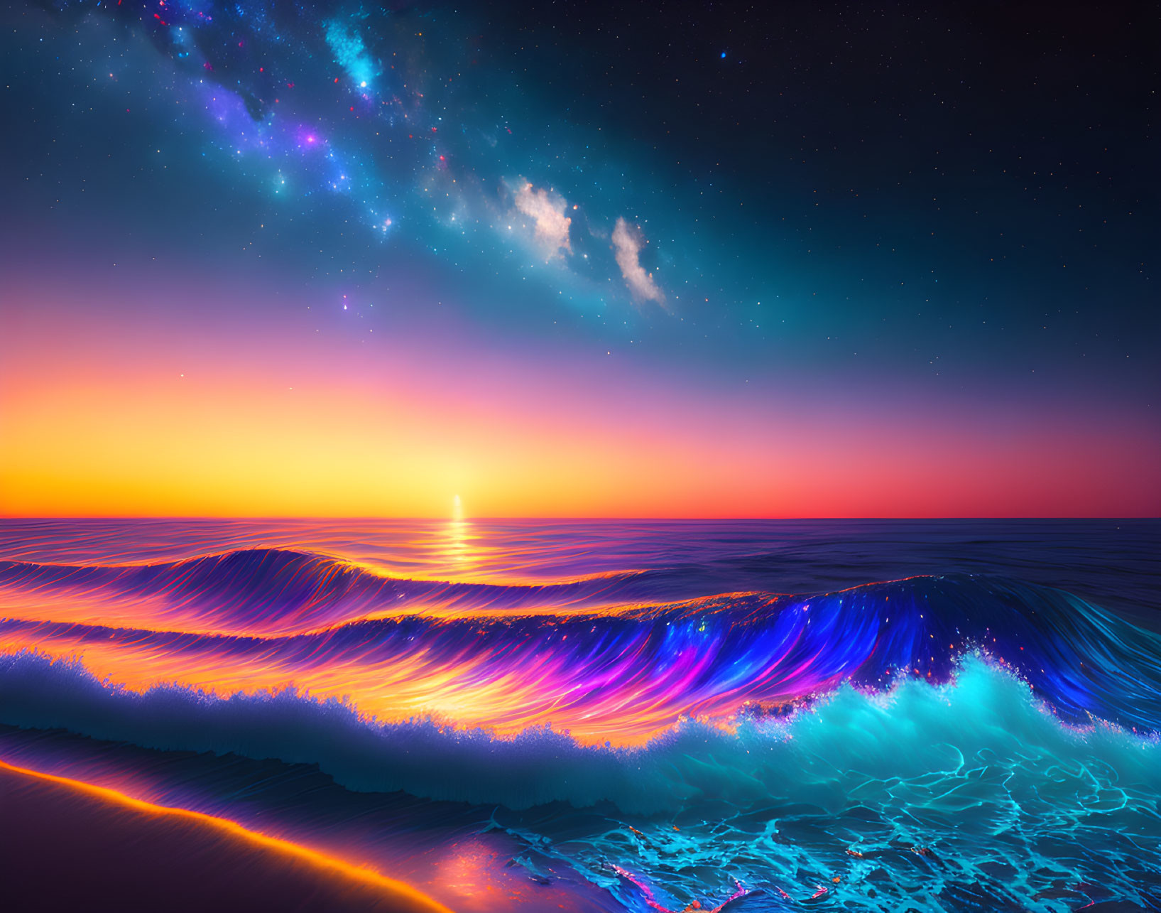 Vibrant ocean scene with luminescent waves under starry sky