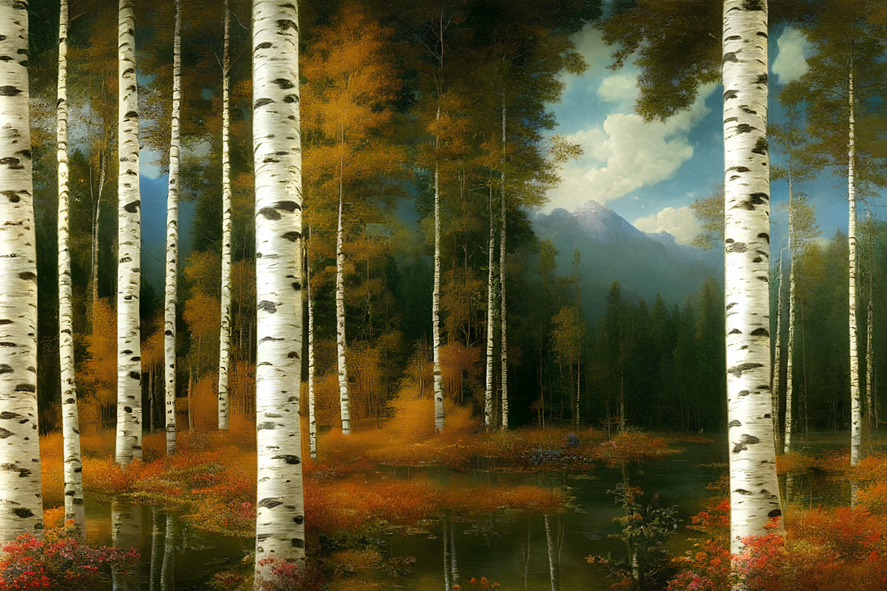 Tranquil Birch Forest with Stream, Autumn Foliage, and Mountains