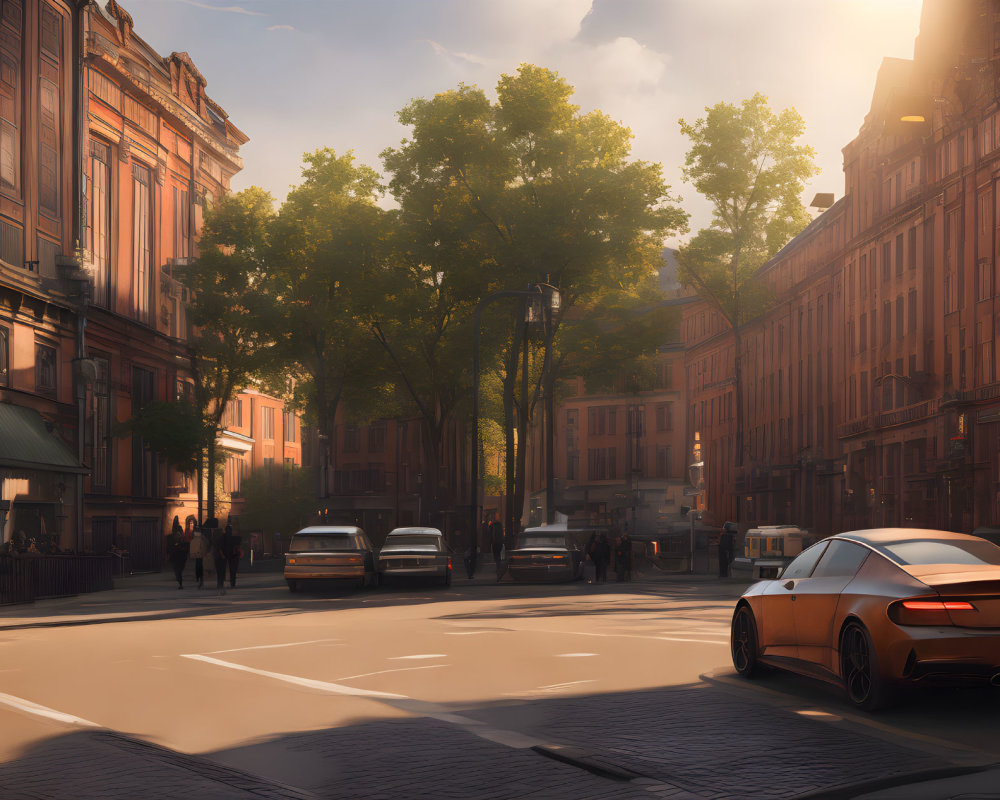 European street scene at sunset with warm light and long shadows