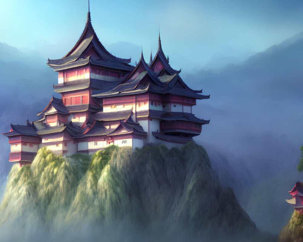 Asian-Style Palace on Misty Green Hills