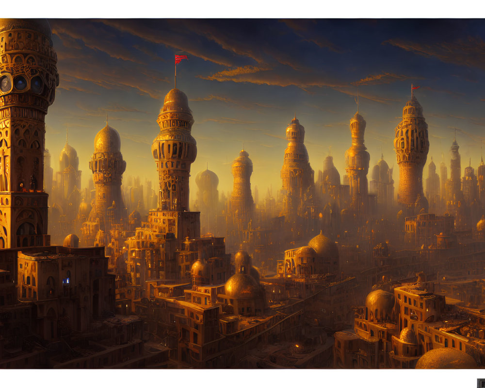 Intricate Arabian Nights cityscape at golden sunset