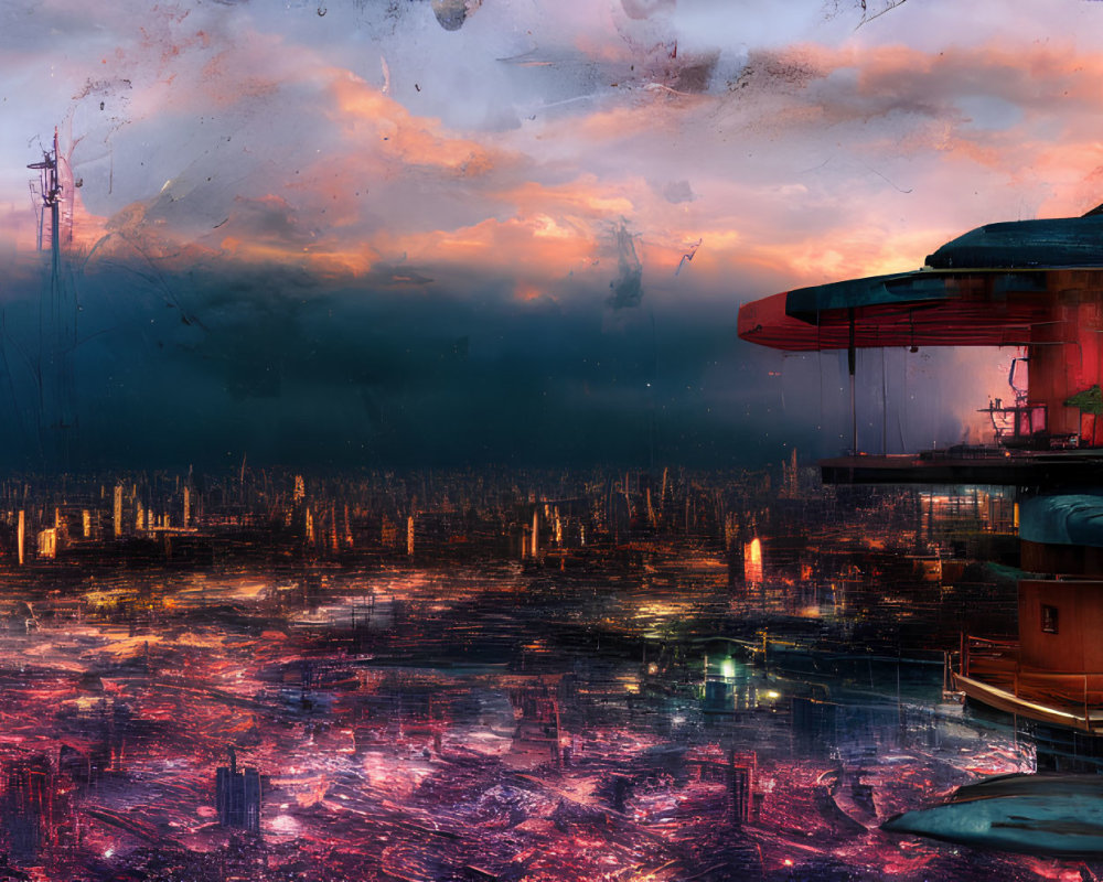 Luminous futuristic cityscape at dusk with sprawling urban expanse.