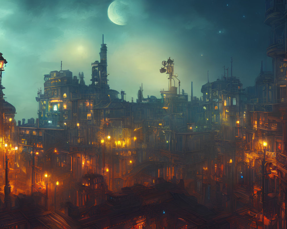 Nocturnal cityscape with illuminated streets and buildings under a luminous moon