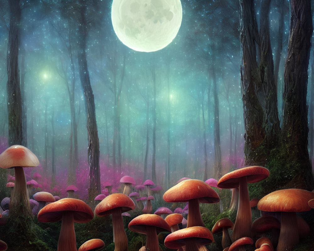 Enchanted Night Forest Scene with Red Mushrooms and Full Moon