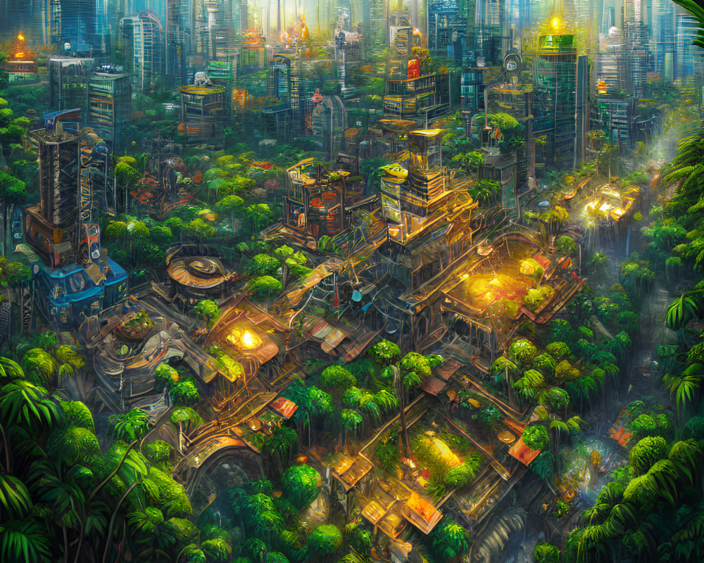 Advanced cityscape harmonizing with lush greenery and towering structures in golden light.