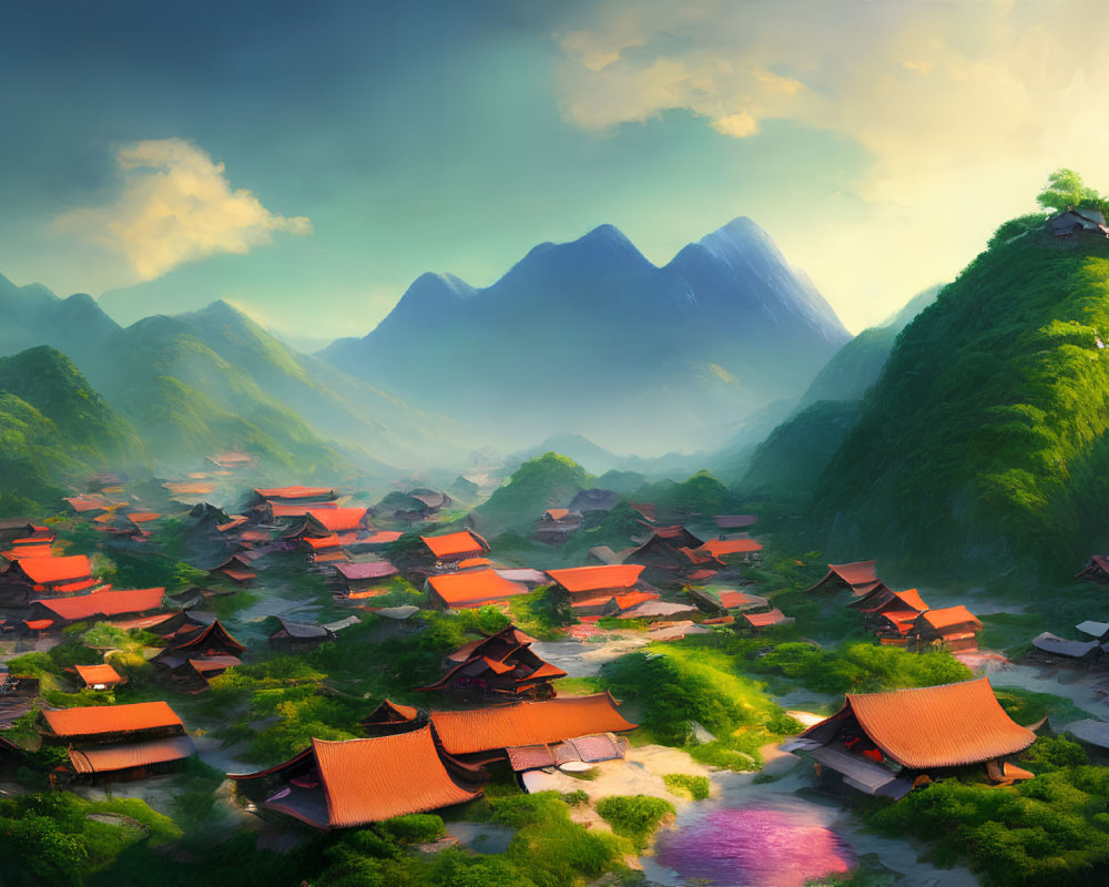 Scenic village in lush valley with red-roofed houses