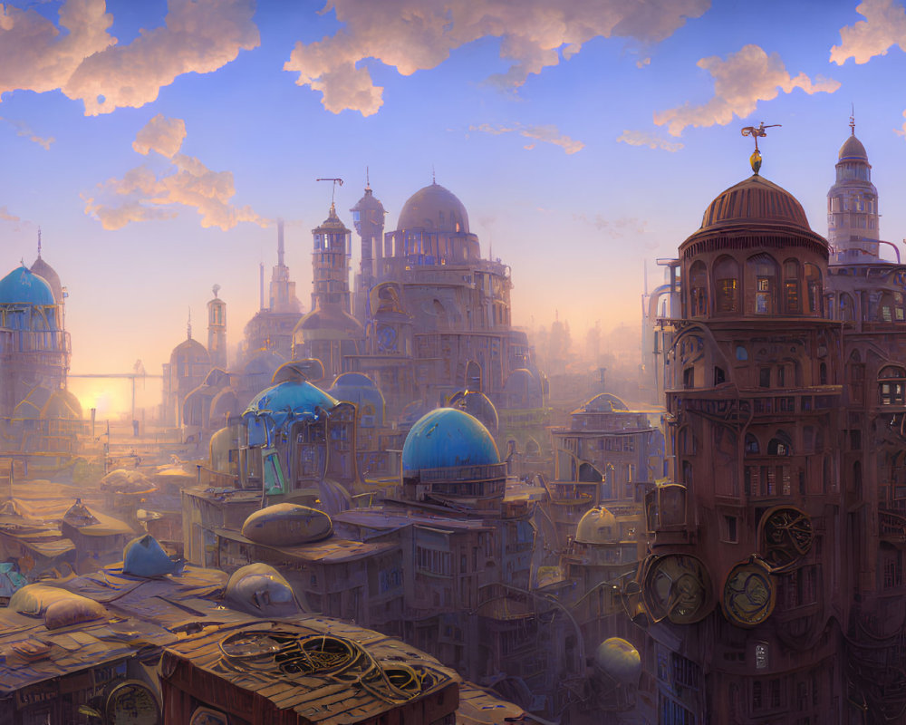 Fantastical cityscape with domed buildings and towers at sunset