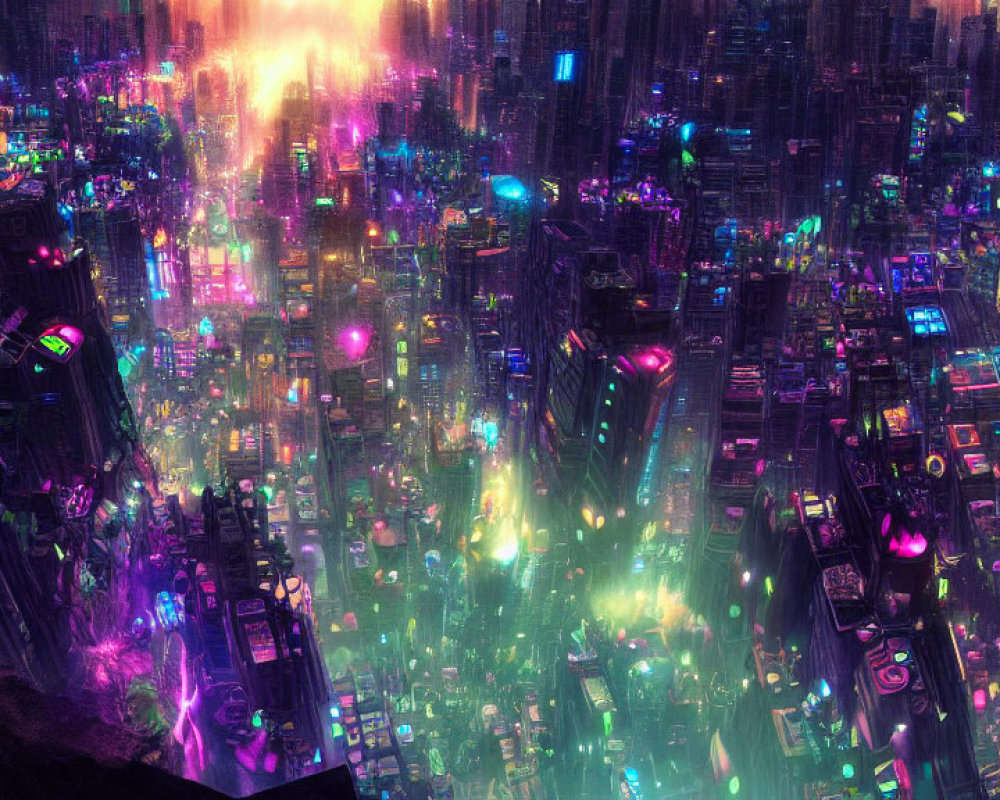 Vibrant neon-lit futuristic cityscape at night