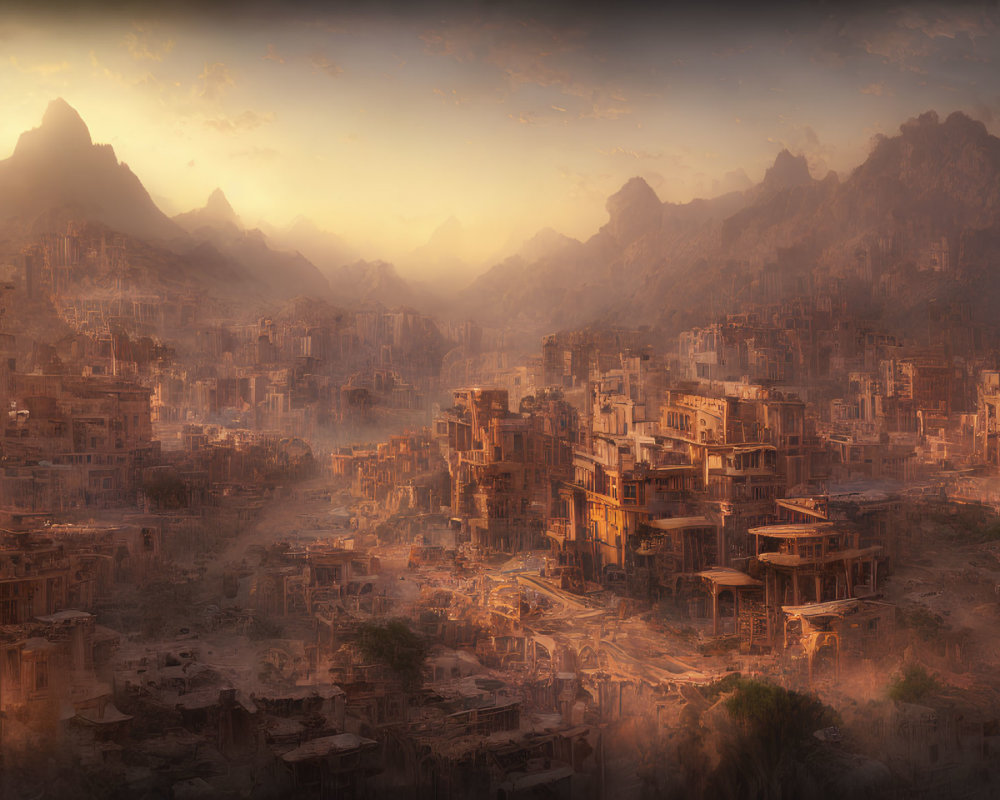 Ancient city ruins against majestic mountains at sunset