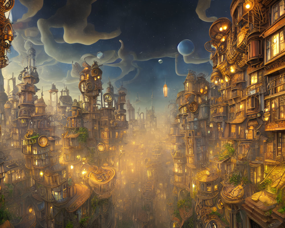 Luminous cityscape at dusk with ornate towers and swirling clouds