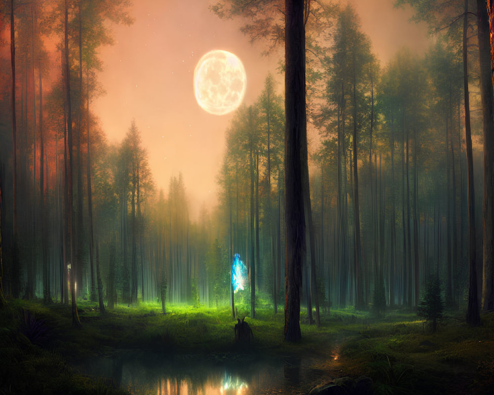 Enchanted forest at night with ethereal figure near pond