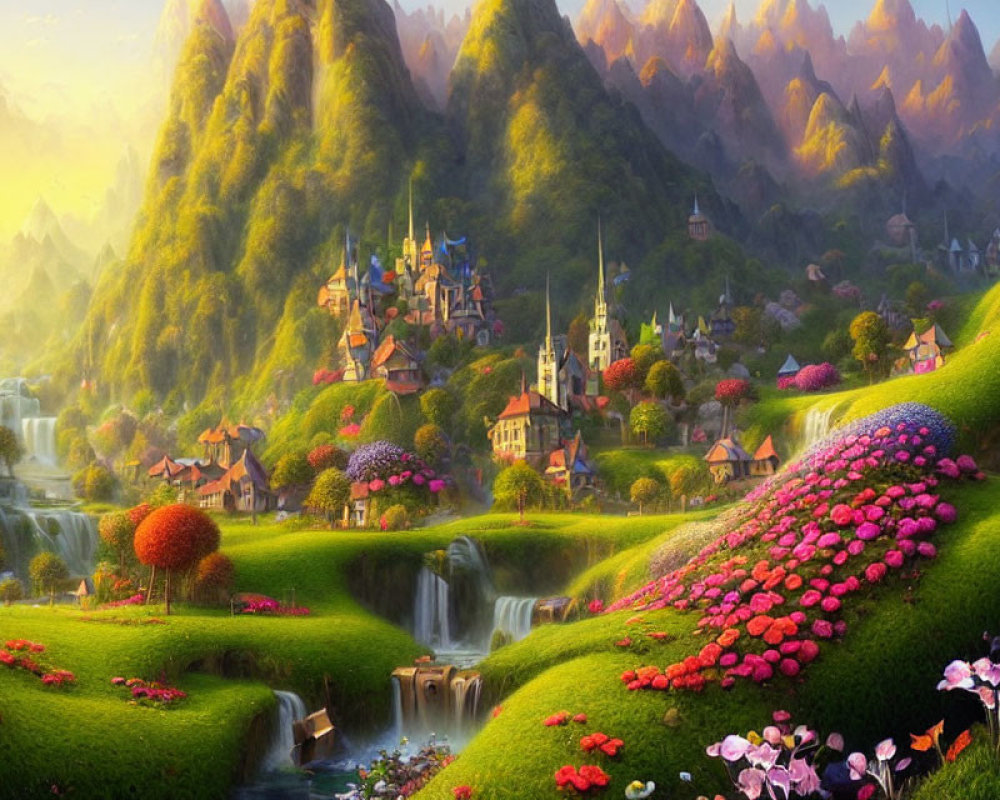 Colorful Fantasy Valley with Waterfalls and Whimsical Village