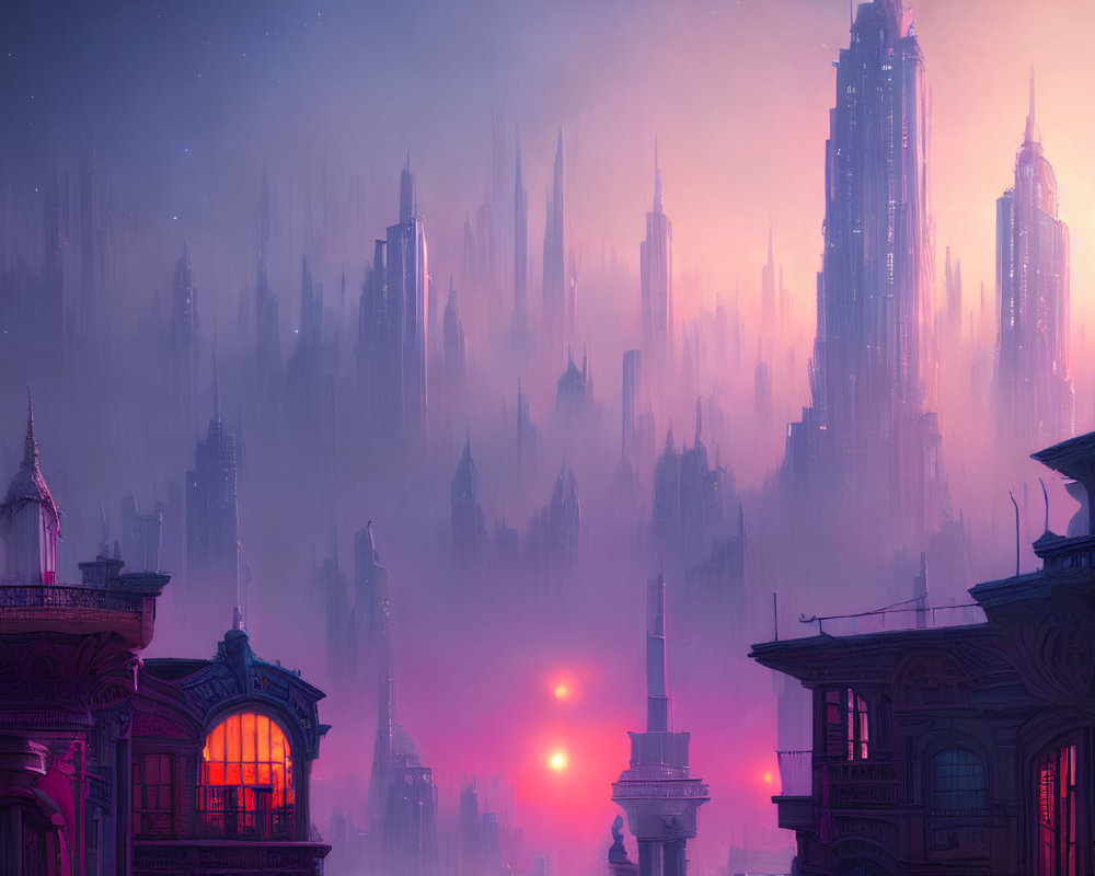 Futuristic cityscape at dusk with pink and purple hues