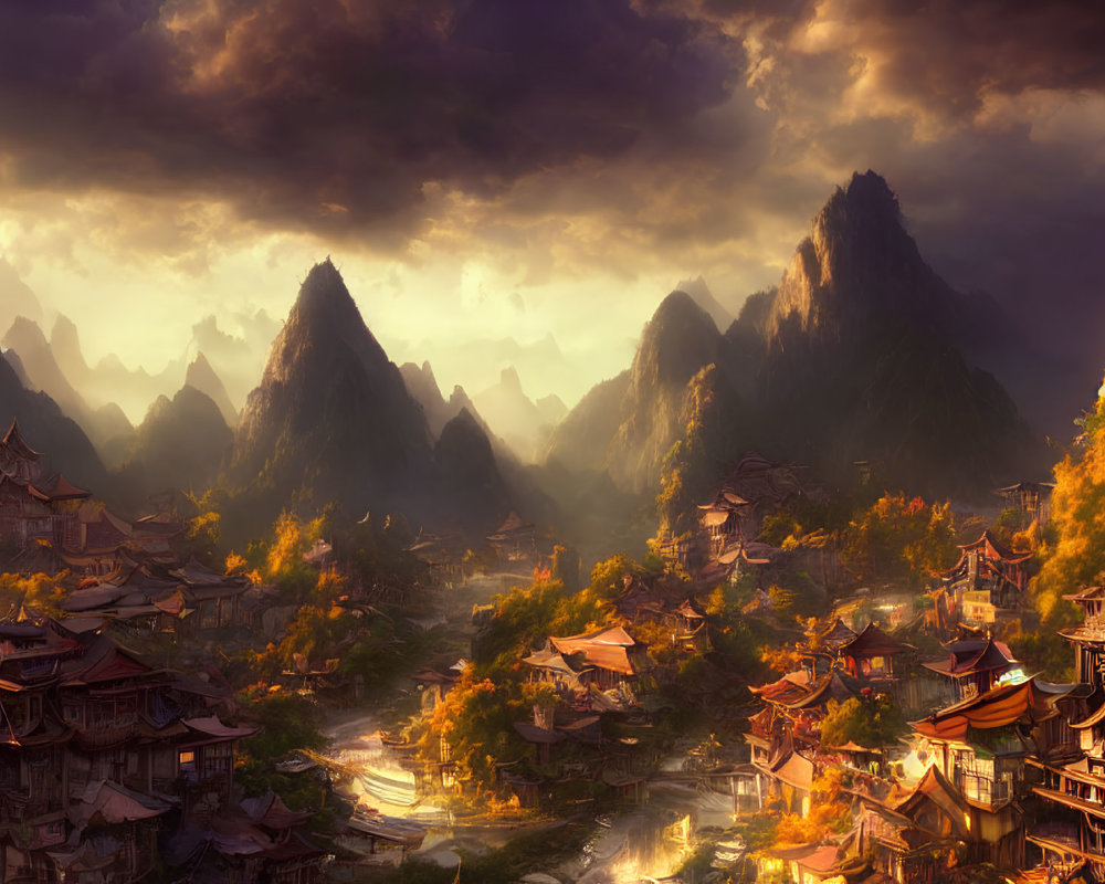 Traditional houses in misty mountain village at sunset