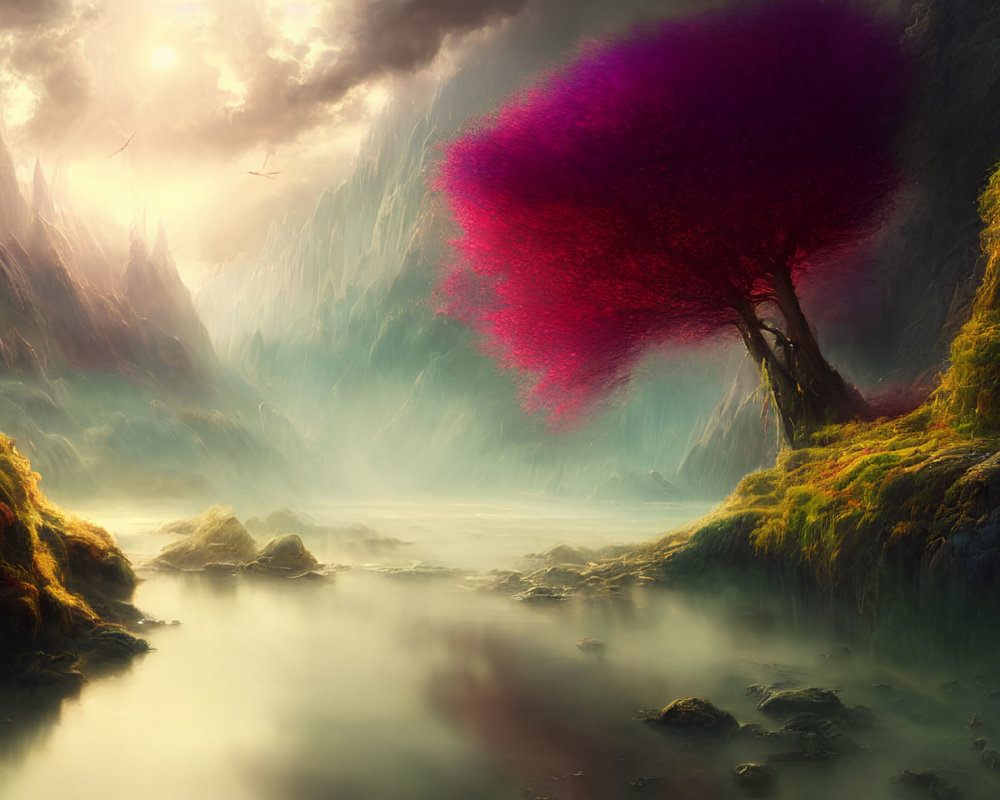 Vibrant red tree in mystical valley with misty waters and soaring mountains