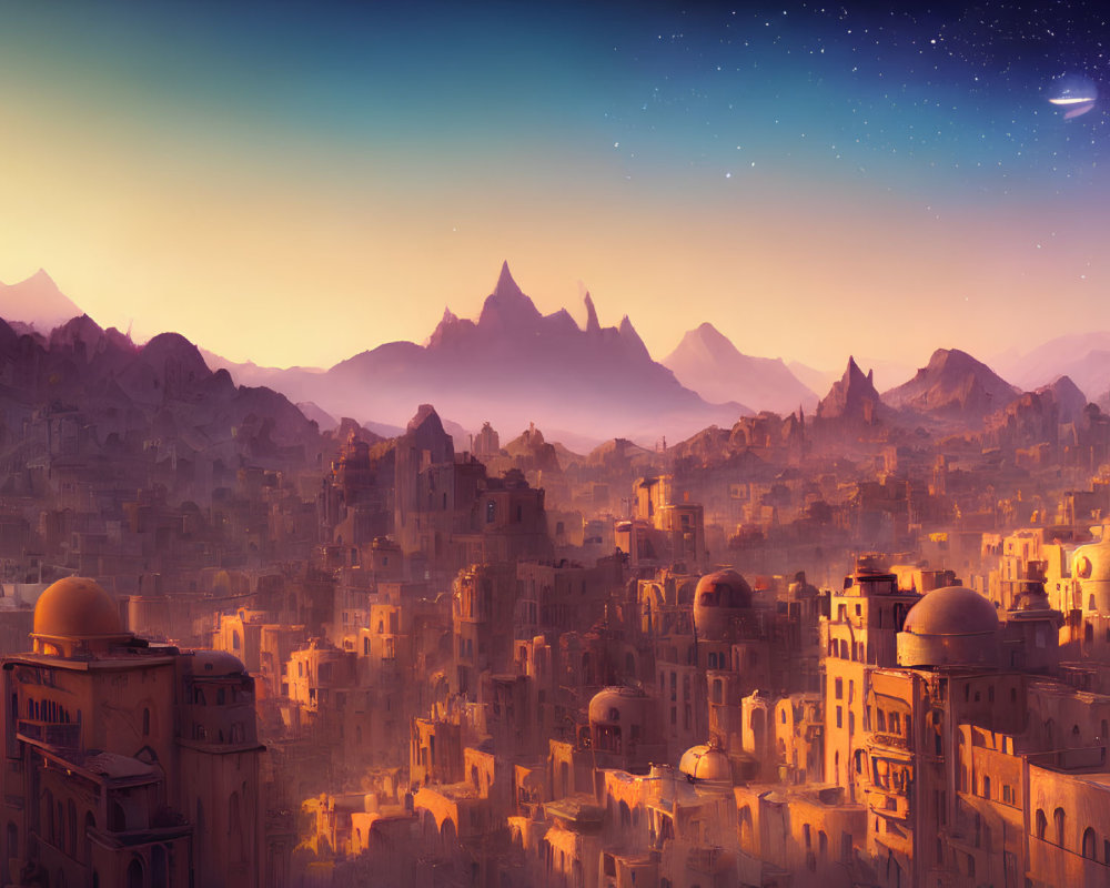 Fantasy cityscape at sunset with domed buildings and starry sky