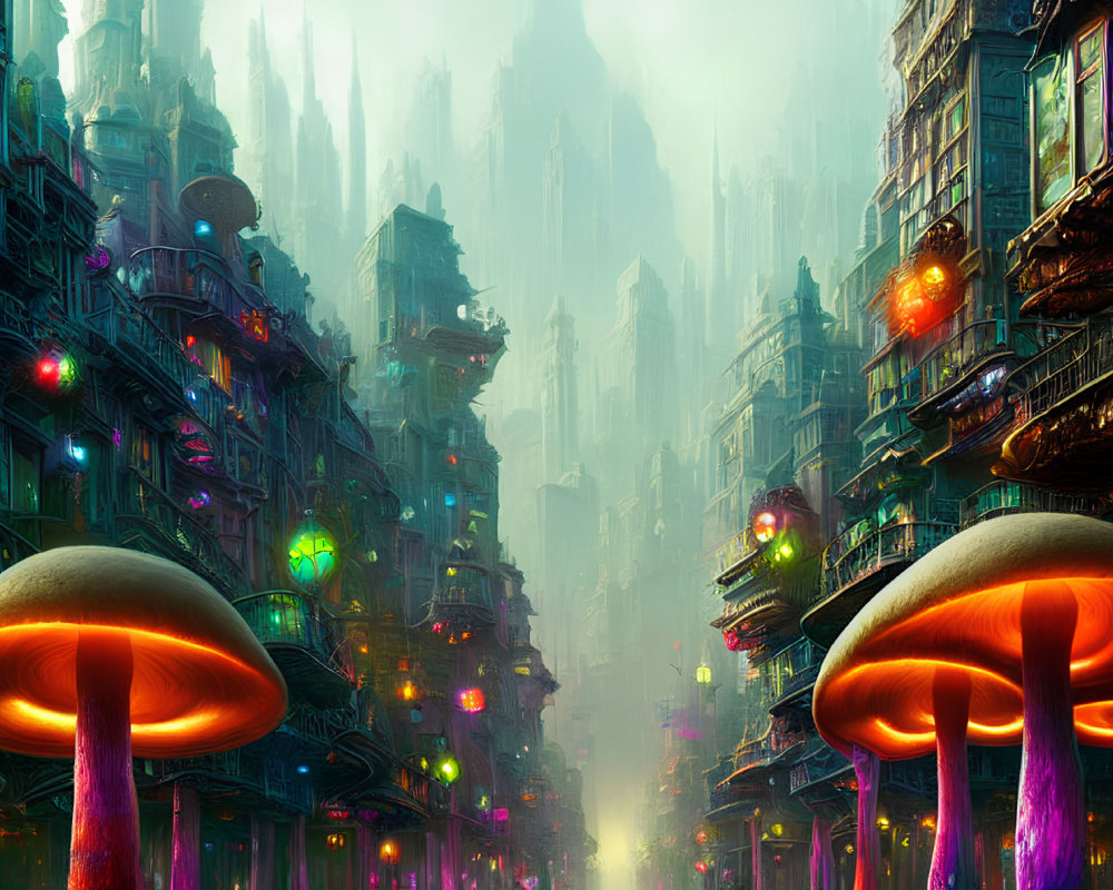 Vibrant futuristic cityscape with neon-lit buildings and oversized mushrooms under a glowing sky