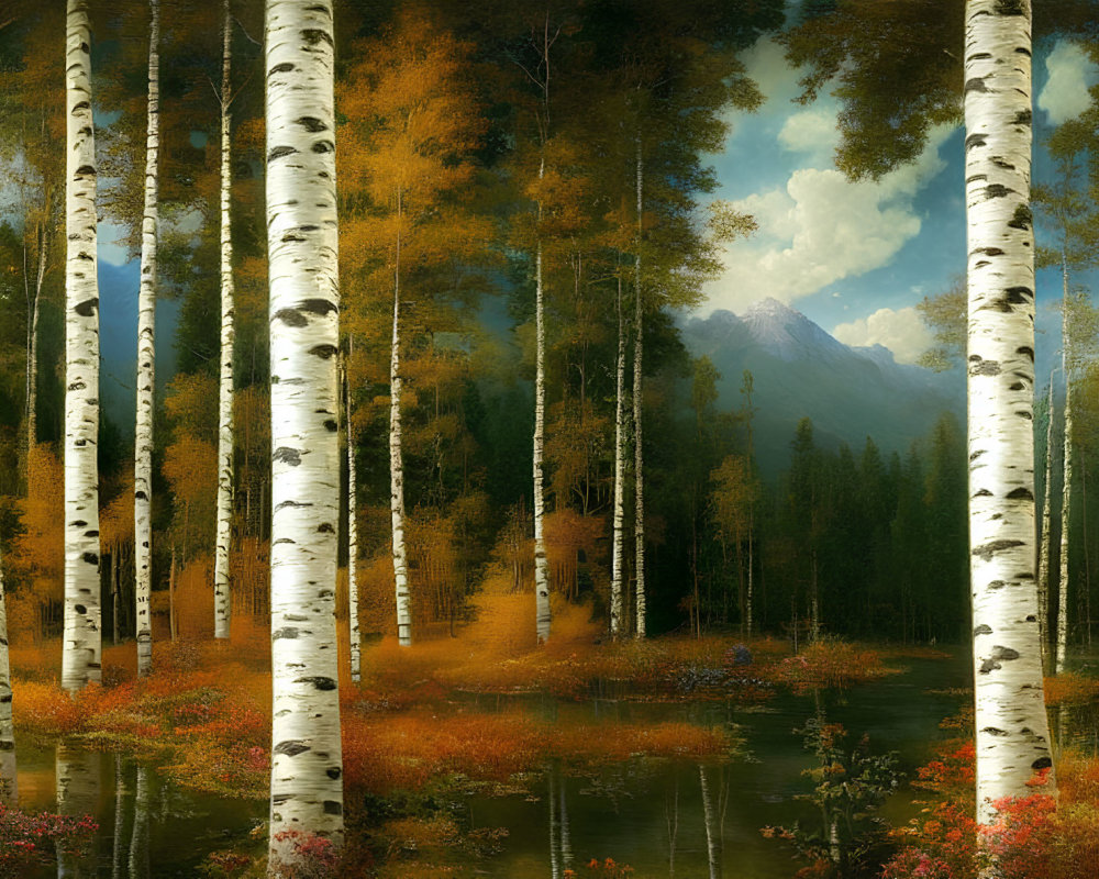 Tranquil Birch Forest with Stream, Autumn Foliage, and Mountains