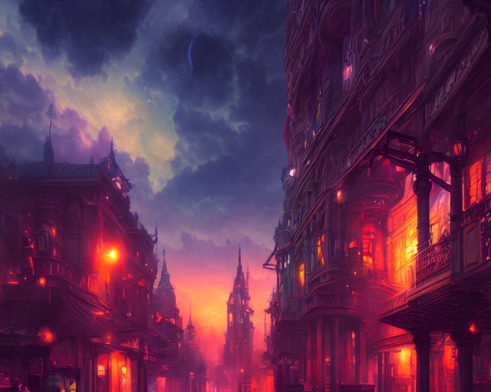 Vibrant neon-lit street scene at dusk with ornate buildings