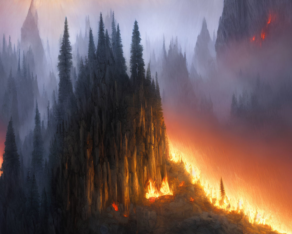 Panoramic view of forest fire at twilight: engulfed trees and hazy orange sky