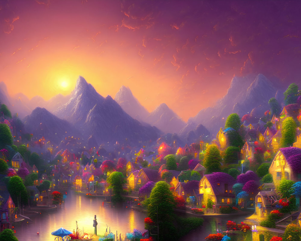 Colorful Fantasy Landscape: Sunset Scene with Houses, River, and Mountains