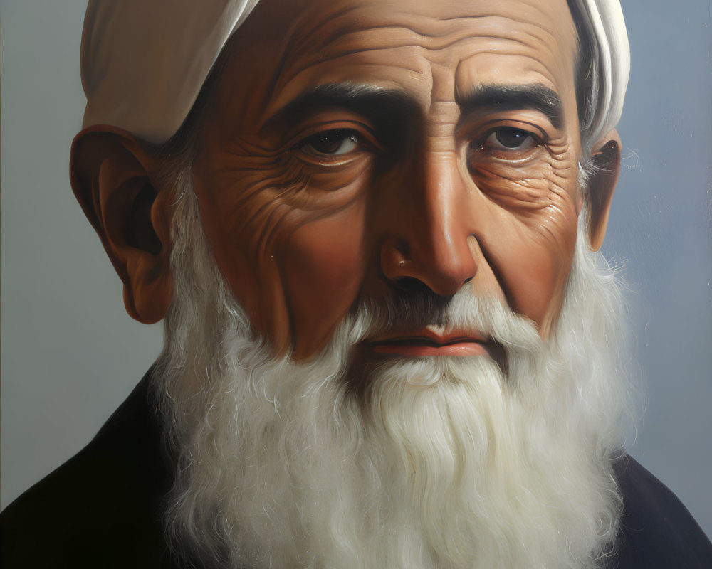 Hyperrealistic painting: Elderly man with white turban and beard