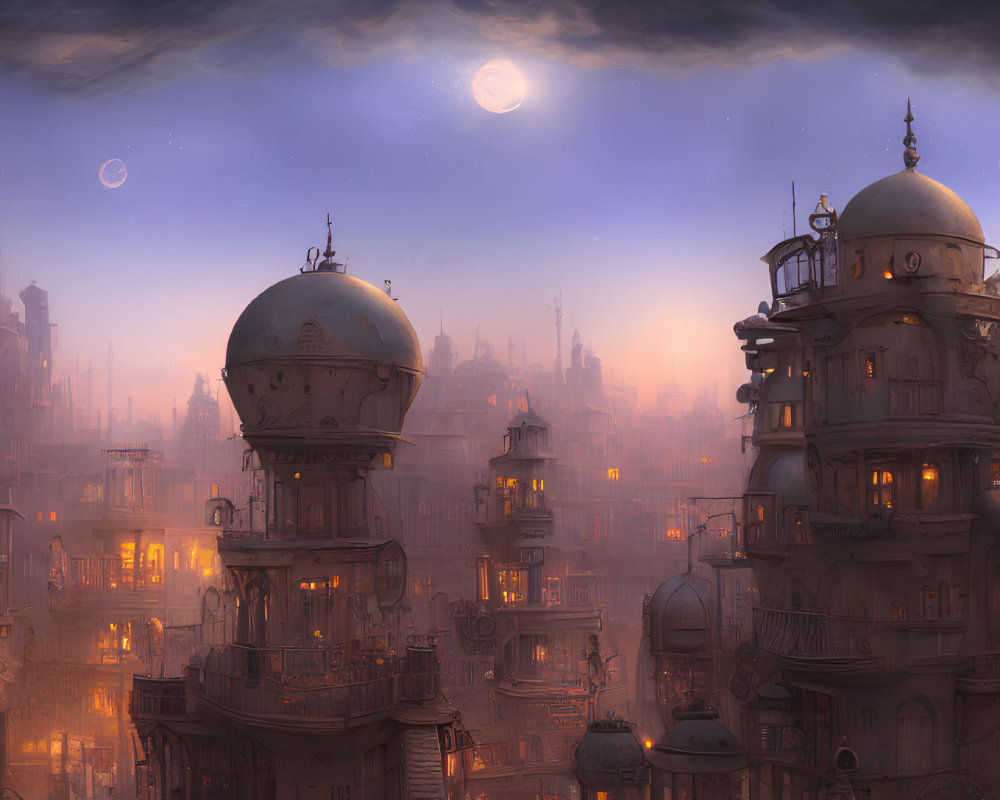 Fantastical cityscape at dusk with domed towers and multiple moons