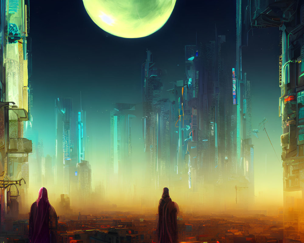 Neon-lit futuristic cityscape with figures and green moon