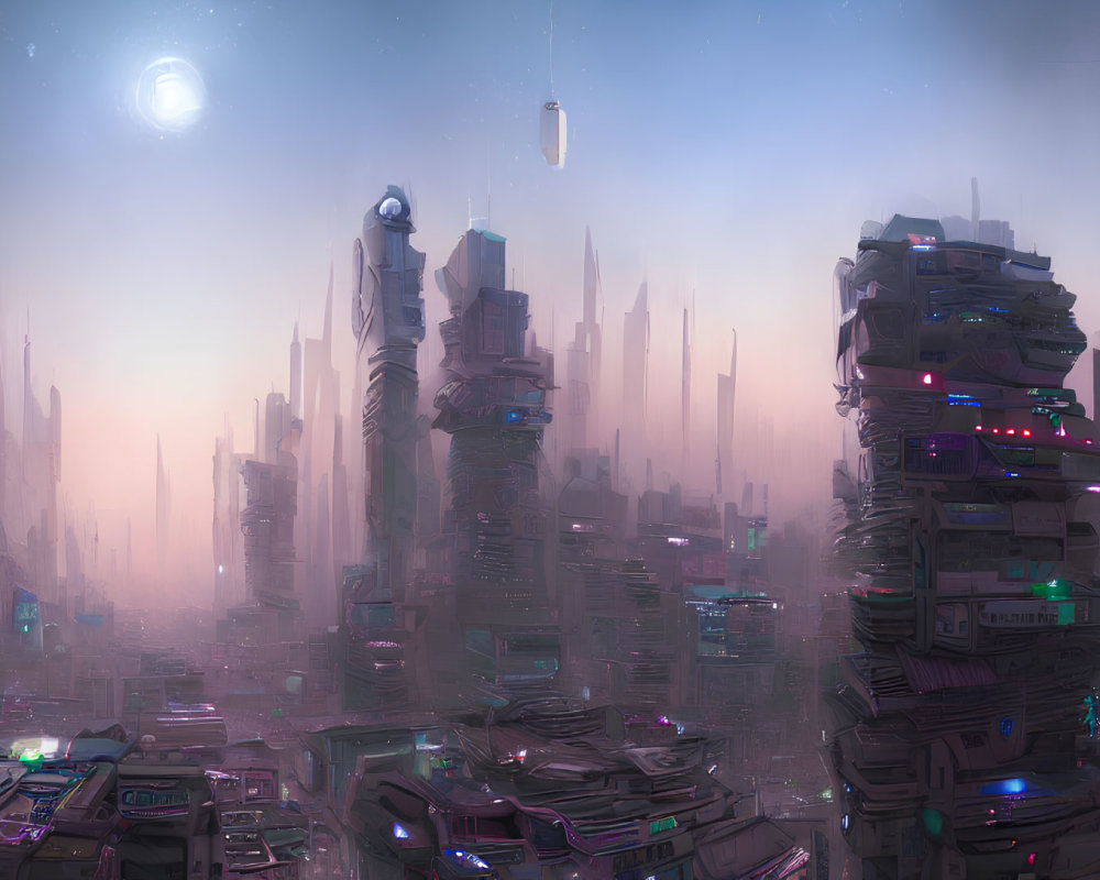 Futuristic twilight cityscape with skyscrapers, neon lights, and distant moons.