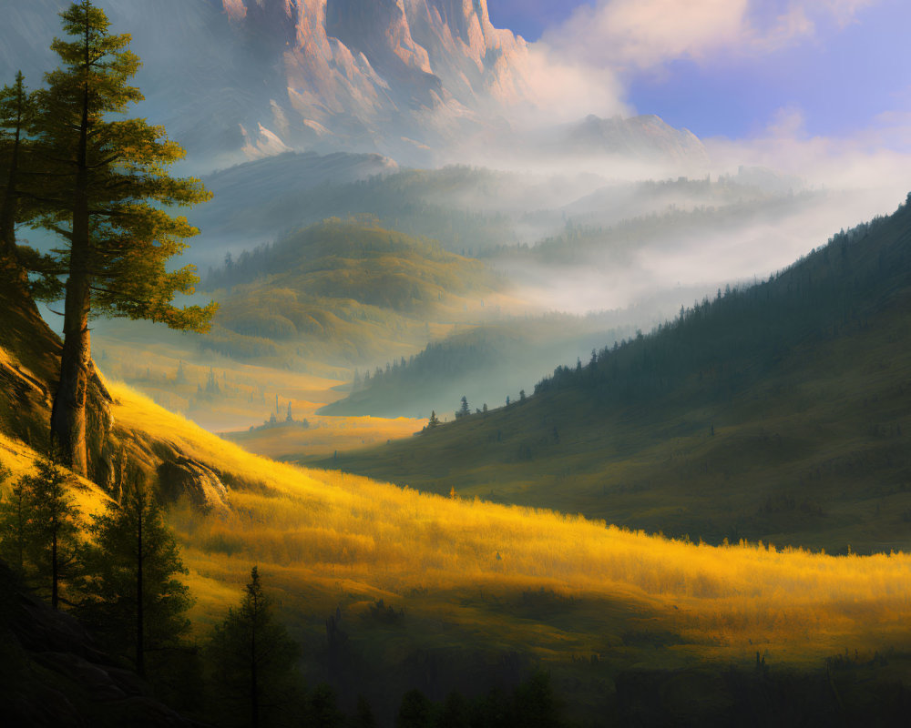 Sunlit mountain landscape with foggy valleys, cliffs, and pine forests