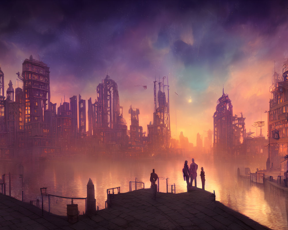 Futuristic cityscape at sunset with silhouetted figures and vibrant sky