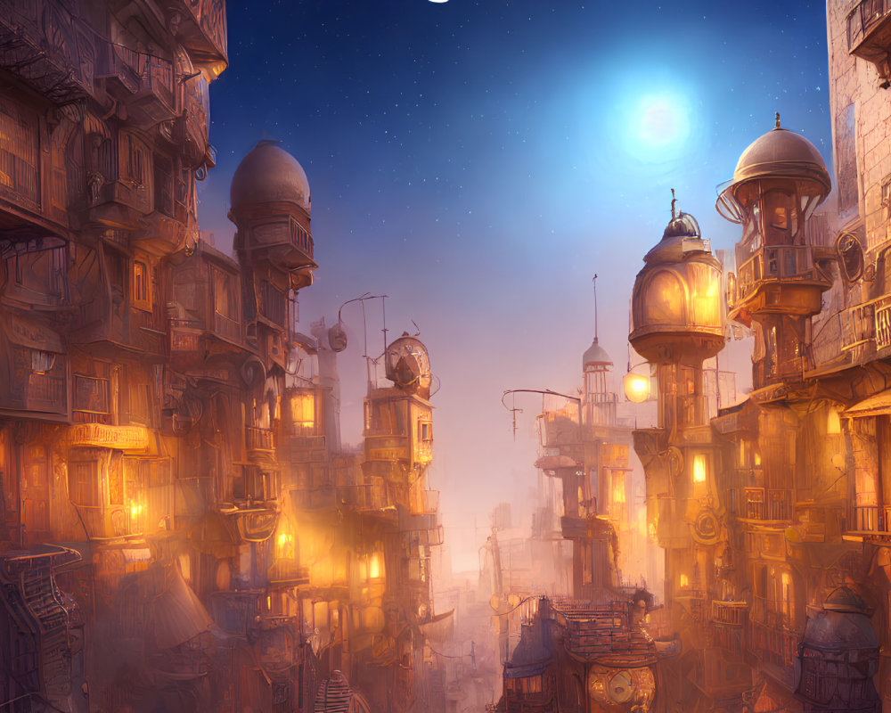 Mystical sci-fi city with towering domed buildings and warm glowing lights