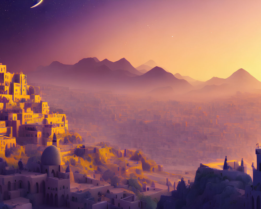 Desert city skyline at twilight with crescent moon and mountains.