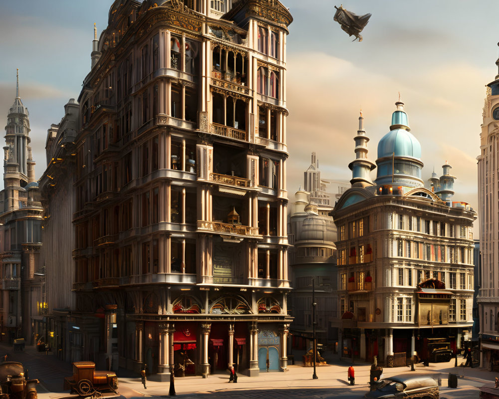 Steampunk-themed ornate building with airships and vintage vehicles under warm light