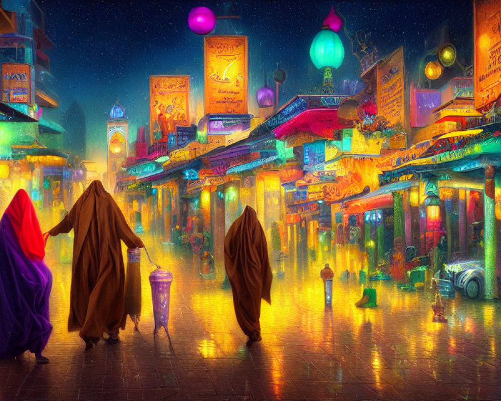 Colorful illuminated signs in vibrant night market scene with figures in cloaks on wet cobblestones in