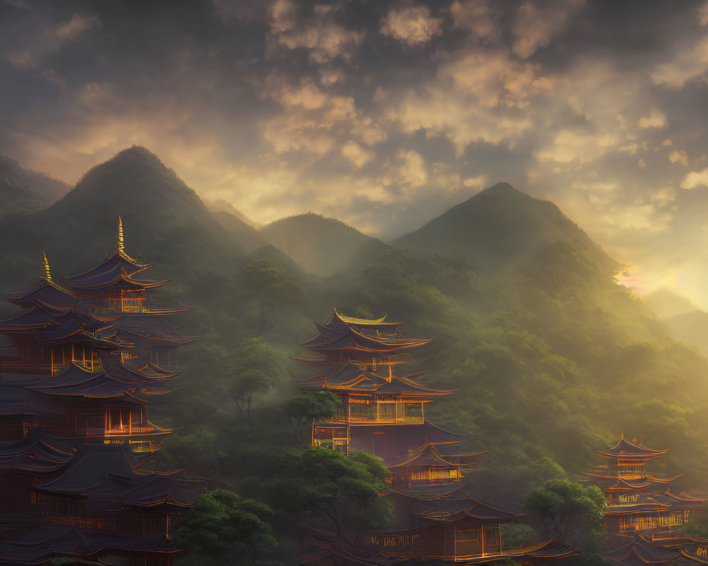 Traditional pagodas in forested mountain landscape at sunset