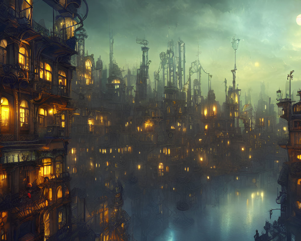 Futuristic cityscape at dusk with ornate buildings reflected in calm waters