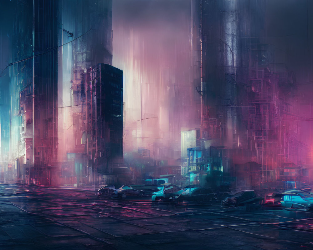 Rain-soaked futuristic cityscape with neon-lit skyscrapers