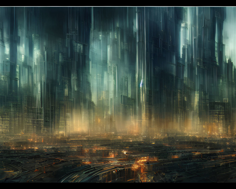 Futuristic cityscape with misty skyscrapers and advanced architecture