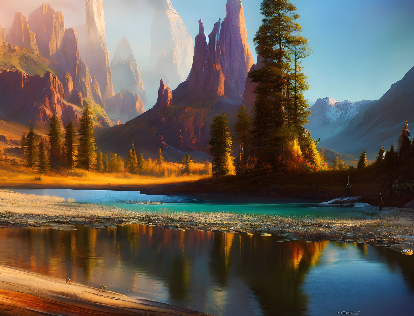 Tranquil landscape with turquoise lake, pine trees, towering cliffs